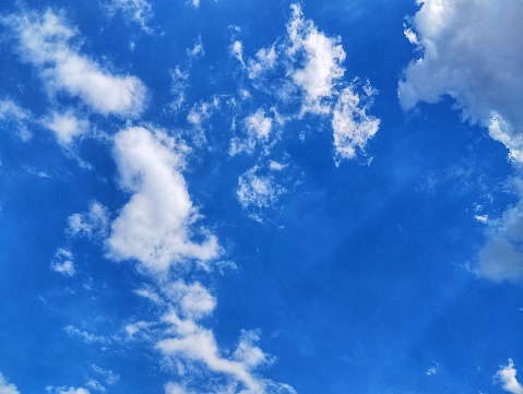 View from under clear blue sky with white clouds