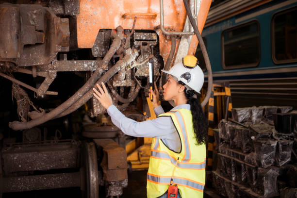 安全ベストとヘルメットをかぶった鉄道技術者の肖像画が、列車の修理ステーションで設計図を操作している - diesel locomotive ストックフォトと画像
