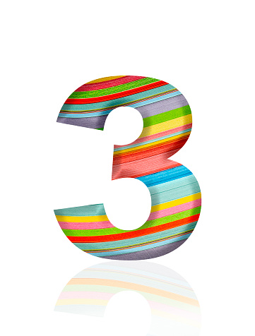 Close-up of three-dimensional multicolored paper stripes number 3 on white background.