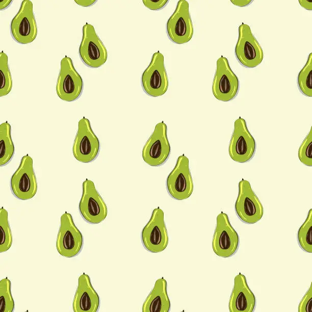 Vector illustration of Ripe, juicy avocado cut with leaves, seamless geometric pattern