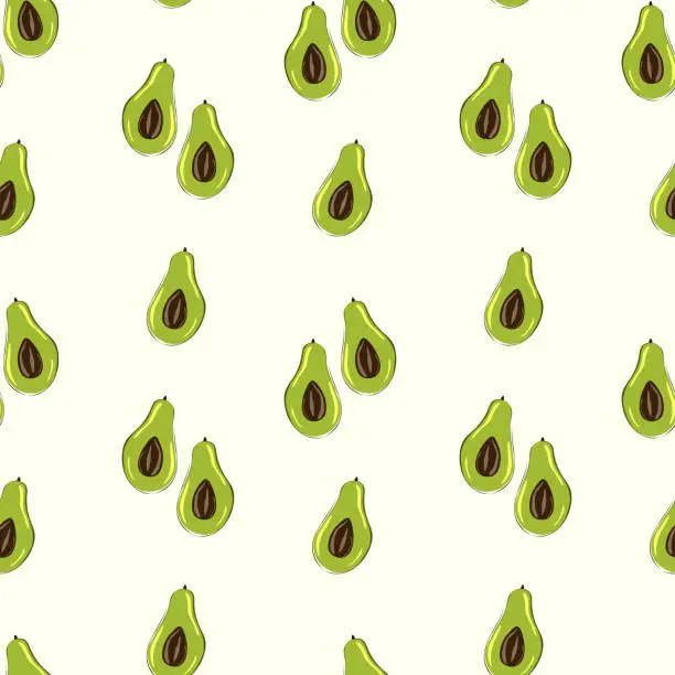 Vector illustration of Ripe, juicy avocado cut with leaves, seamless geometric pattern