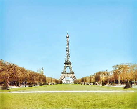 The Eiffel Tower and Jardin de la Tour Eiffel, from the Champ de Mars, Paris, France