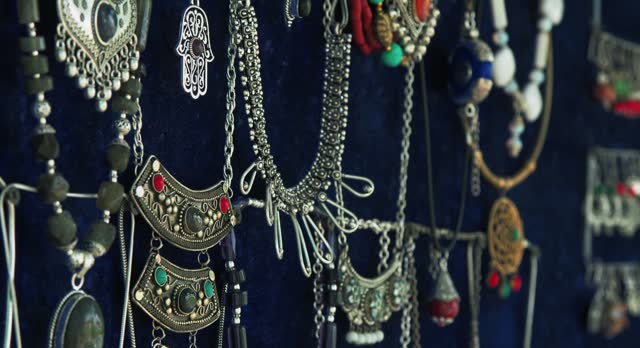 Oriental costume jewelry and handmade jewelry in a street shop.