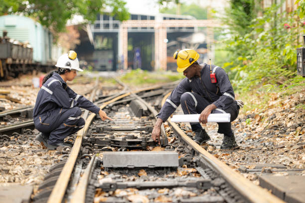 istock Railway technicians and engineers, Working on the train tracks at train station 2111148840