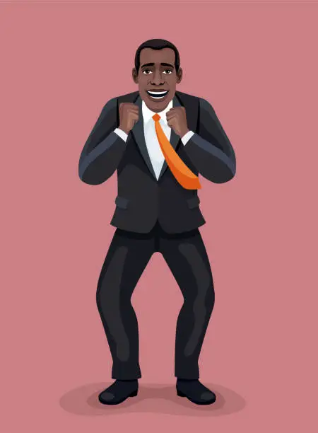 Vector illustration of Happy African American Businessman. Success in Business. Manifestation of Joy.