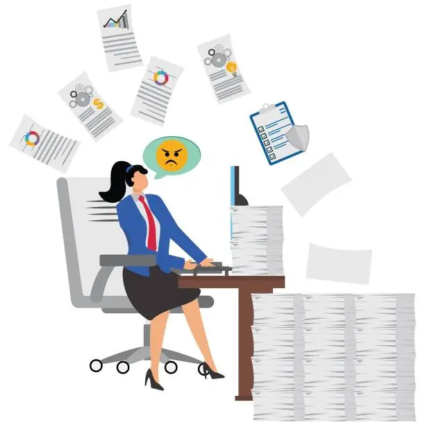 Vector illustration of Busy working businesswoman, dealing with work and paperwork, isometric businesswoman sitting at a desk working hard to complete an overloaded workload