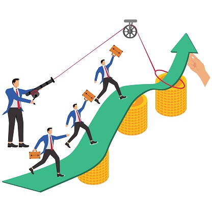 Business support and help, help to improve performance, increase revenues, increase turnover or increase profits, isometric giant hands help businessmen to pull the arrow upwards