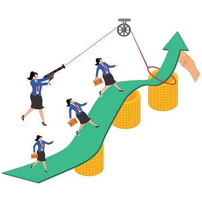 Business support and help, help to improve performance, increase revenues, increase turnover or increase profits, isometric giant hands help businesswomen to pull the arrow upwards