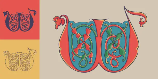 Vector illustration of Letter W initial with trailing vines of thistle plant. Medieval blackletter drop cap based on Bohemian manuscript.