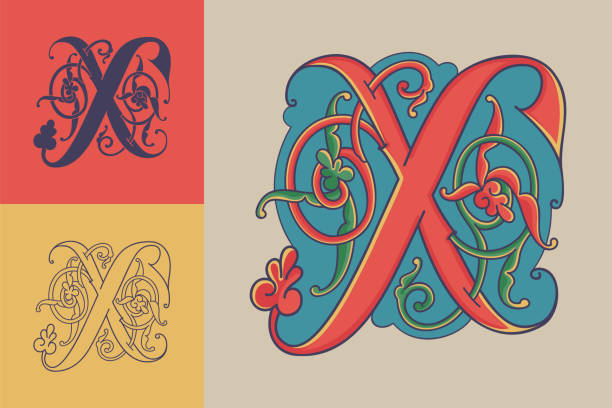Letter X initial with trailing vines of thistle plant. Medieval blackletter drop cap based on Bohemian manuscript. Romanesque style dim colors illuminated emblem. Decorative wax seal monogram logo. celtic letter x stock illustrations