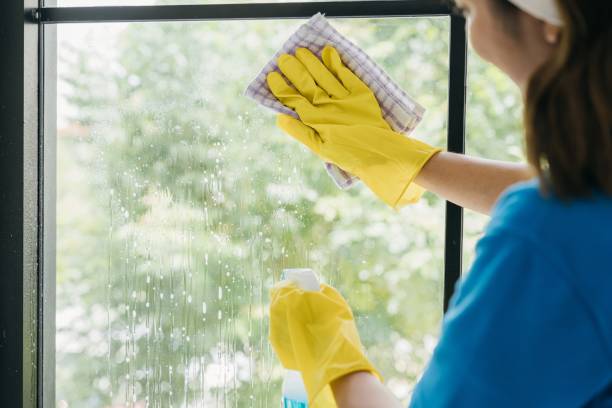 istock A smiling woman joyfully cleans office windows with spray and cloth. Her housework routine emphasizes purity hygiene and transparent cleanliness ensuring sparkling windows. 2111219060