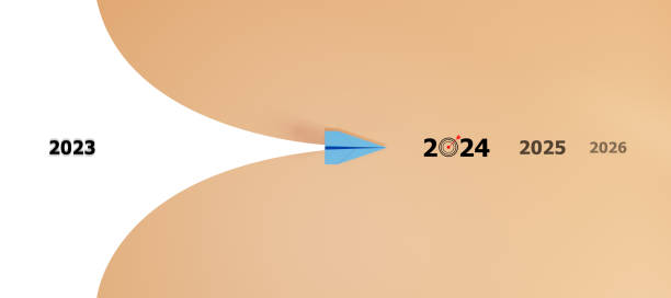 istock blue plane is heading to 2024 target. business creativity new idea discovery innovation technology. new year idea concept. 2111219570