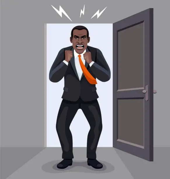 Vector illustration of A businessman breaks a door angrily. African American Businessman. Furious Boss Characters.
