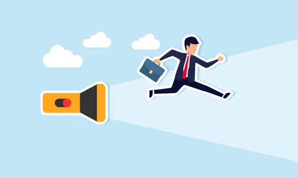 Vector illustration of Guidance in business direction, career path solutions, mentorship, managerial support to find the way, concept of Confident businessman running ahead under torch light