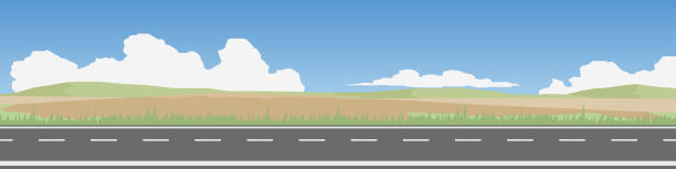 Horizontal view of Asphalt road. Horizontal view of Asphalt road. Background of plain grassland and hills with mountain. Under the white clouds and blue sky. road cartoon image stock illustrations