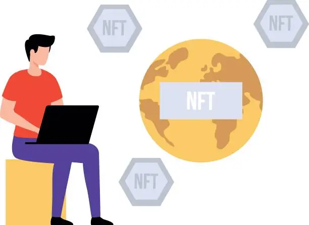 Vector illustration of That guy is working on NFT coins all over the world.