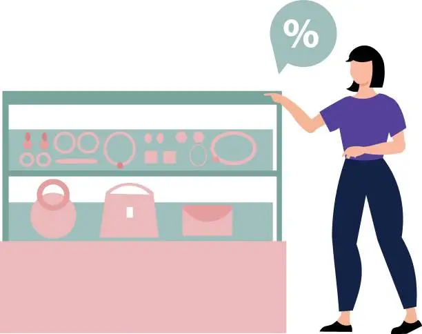 Vector illustration of The girl is buying jewelery and bags at a discount.