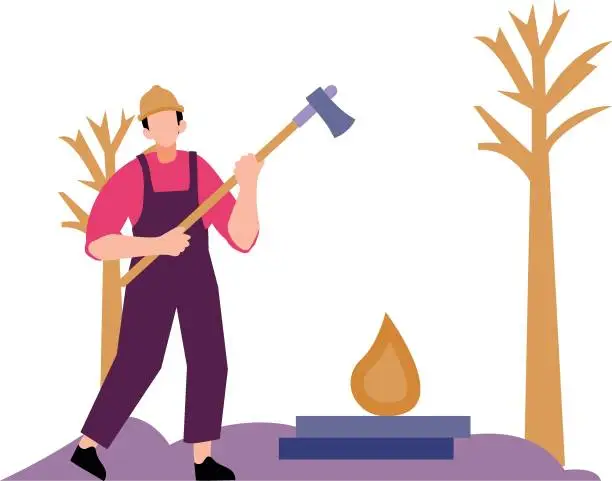 Vector illustration of A worker is standing in the forest with an axe.
