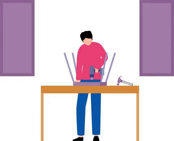 Vector illustration of A boy is making a wooden chair.