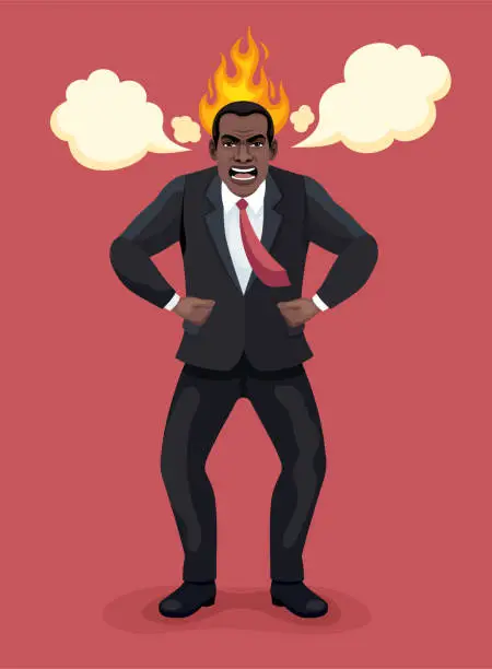 Vector illustration of African American Businessman. Angry Furious Boss Characters. Stress Situation in Office.