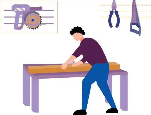 Vector illustration of The boy is working with wood.