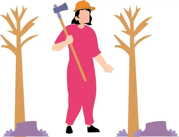 Vector illustration of The girl stands to cut the tree.