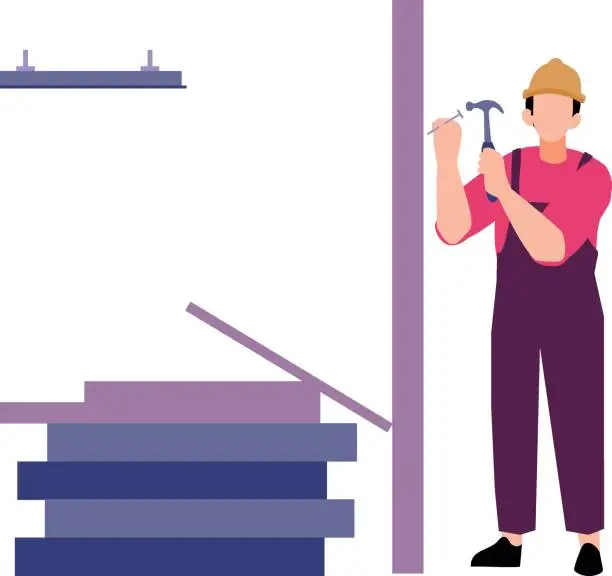 Vector illustration of The worker is nailing the wood.