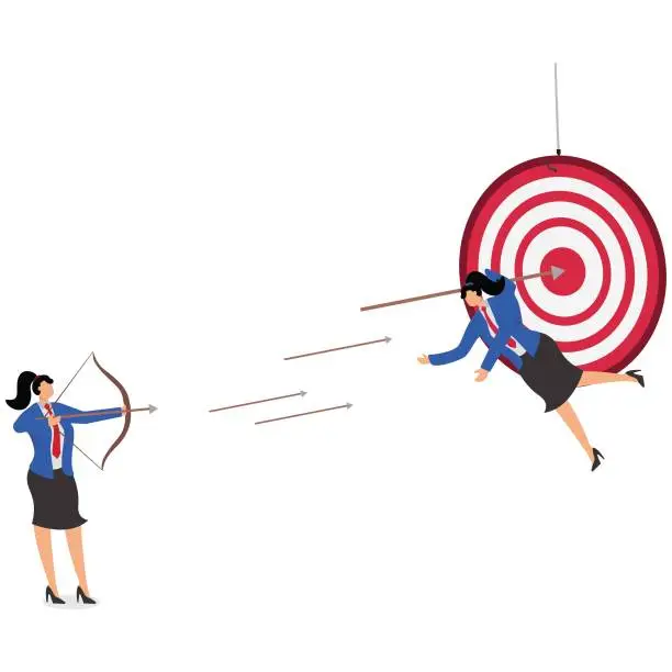 Vector illustration of Targeted People, Recruitment Targets, Headhunters, Best Candidates, Advertising and Marketing Audience Targets, Bow and Arrow Shot Nails Businesswoman to Bullseye