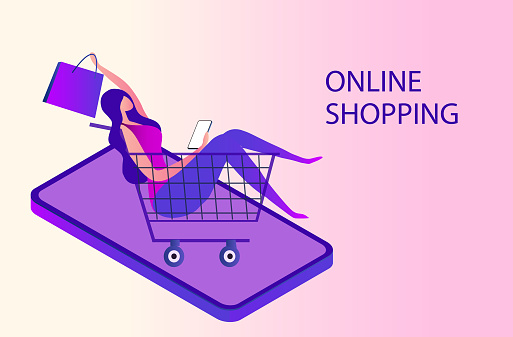 Online shopping concept, woman using mobile ordering shopping vector illustration