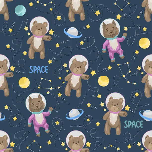 Vector illustration of Seamless pattern cartoon bears, dogs in spacesuit