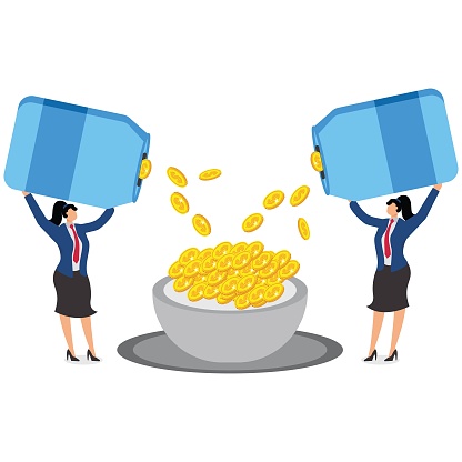 Financial aid, economic assistance and support, more income or profit, solving financial problems or filling financial gaps, businesswomen pouring more gold coins into a big bowl