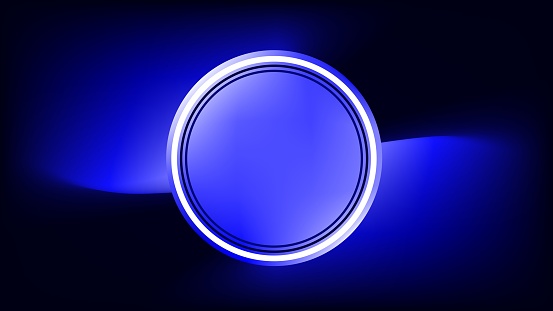 3D bevel button glowing silver orb with diffused blue light copy space abstract presentation background