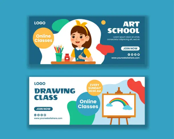 Vector illustration of Art School Horizontal Banner Flat Cartoon Hand Drawn Templates Background Illustration