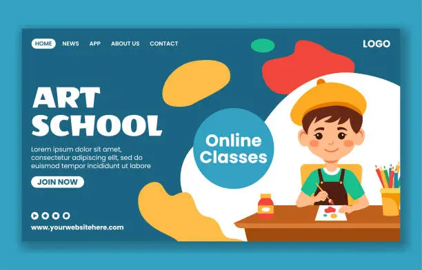 Vector illustration of Art School Social Media Landing Page Cartoon Hand Drawn Templates Background Illustration