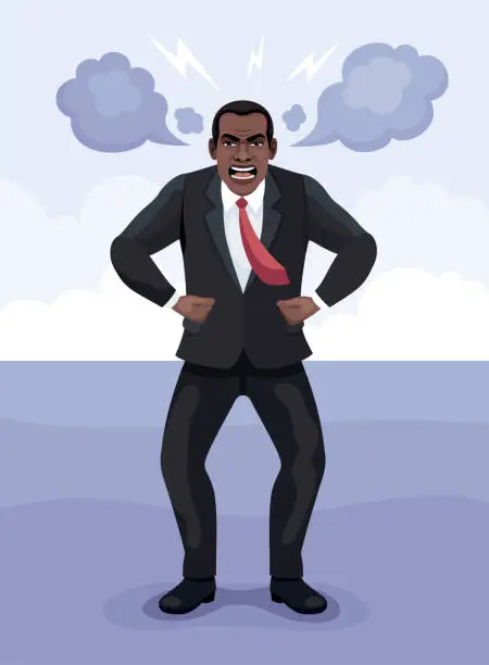 Vector illustration of African American Businessman. Angry Furious Boss Characters. Stress Situation in Office.