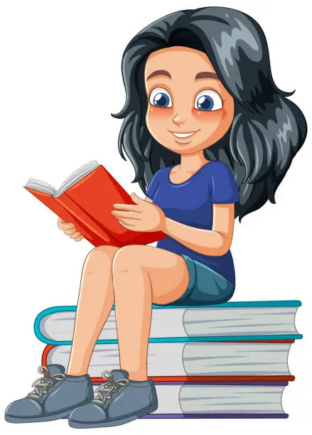 Vector illustration of Cartoon of a girl reading on a stack of books