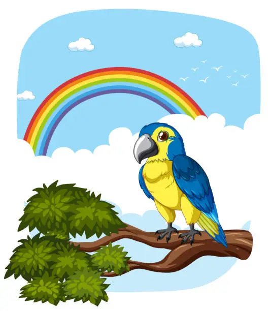 Vector illustration of Vibrant parrot perched on tree branch, rainbow backdrop.