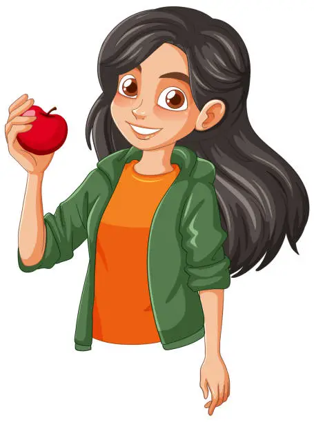 Vector illustration of Vector illustration of a smiling girl with an apple