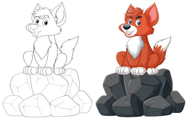 Vector illustration of Colorful and outlined fox illustrations on stones.