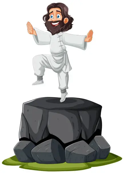 Vector illustration of Cartoon of a happy man balancing on a boulder