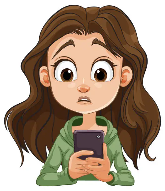 Vector illustration of Cartoon of a girl with wide eyes holding a phone