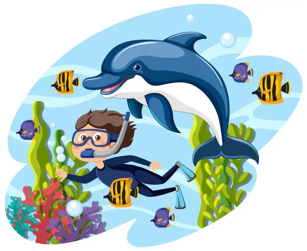 Vector illustration of Diver and dolphin swimming among colorful coral reef.