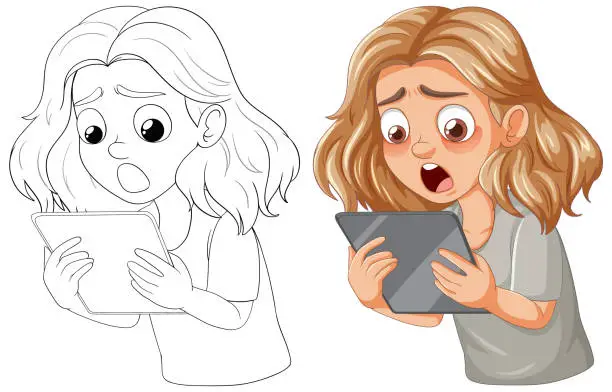 Vector illustration of Vector illustration of a girl surprised by tablet content