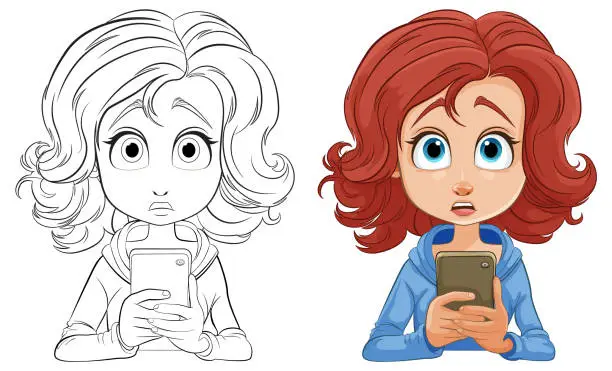 Vector illustration of Colorful and line art illustrations of a startled girl with a phone.