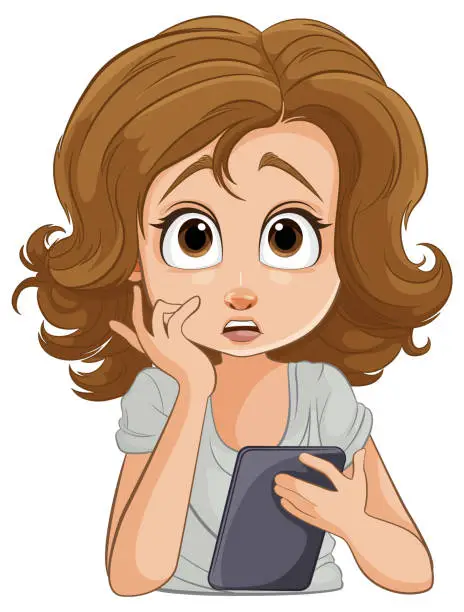 Vector illustration of Cartoon of a concerned girl with a mobile device