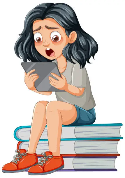 Vector illustration of Cartoon of a girl surprised while reading a tablet