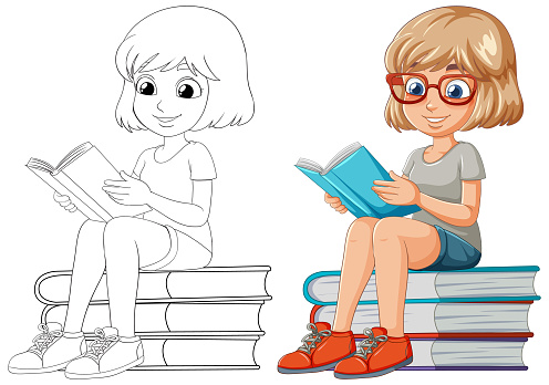 Colorful and line art illustration of reading girl
