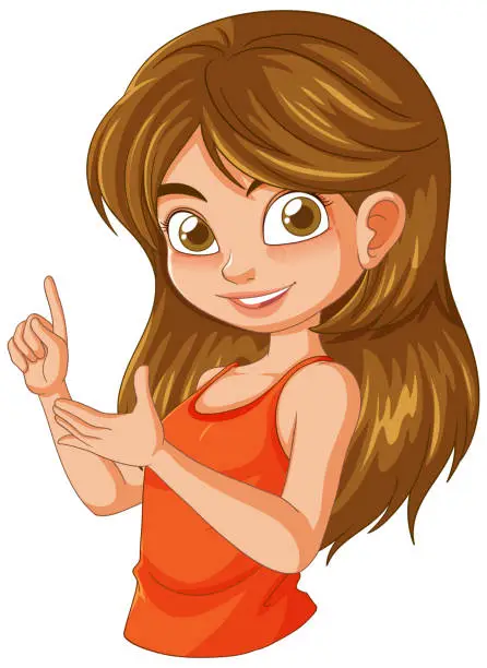 Vector illustration of Vector illustration of a happy girl pointing up