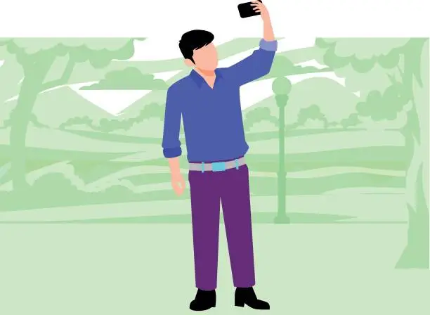 Vector illustration of The boy is taking a selfie in the phone.