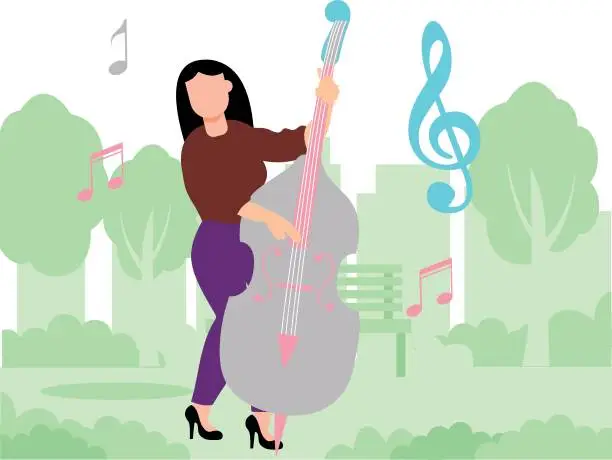 Vector illustration of The girl is playing the cello in the forest.